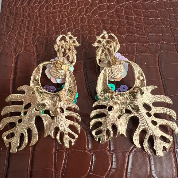 ZARA Gold & Multi Bright Tropical Floral Palm Leaf Dangle Statement Earrings - Picture 14 of 16